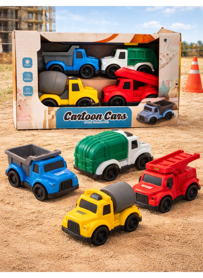 Kids Construction Truck Toy Set – Cartoon Engineering Vehicles Playset (Cement Mixer, Dump Truck, Fire Truck, Garbage Truck) – Sand Play & Outdoor Toy for Toddlers 18+ Months - Image 1
